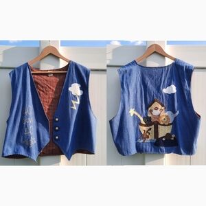 Vintage 90s Handmade Noah's Ark Chambray Vest | Great Flood | Embroidered | XL